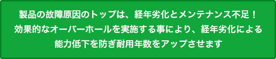 製品の故障原因のトップは、経年劣化とメンテナンス不足！
効果的なオーバーホールを実施する事により、経年劣化による
能力低下を防ぎ耐用年数をアップさせます